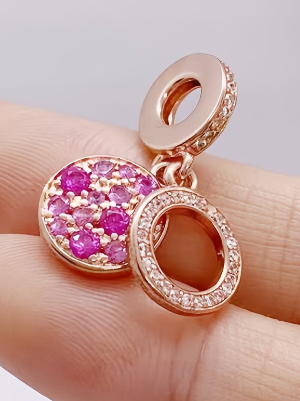 Pandora Sparkling Pink Disc Double Dangle Charm Rose Gold-Plated